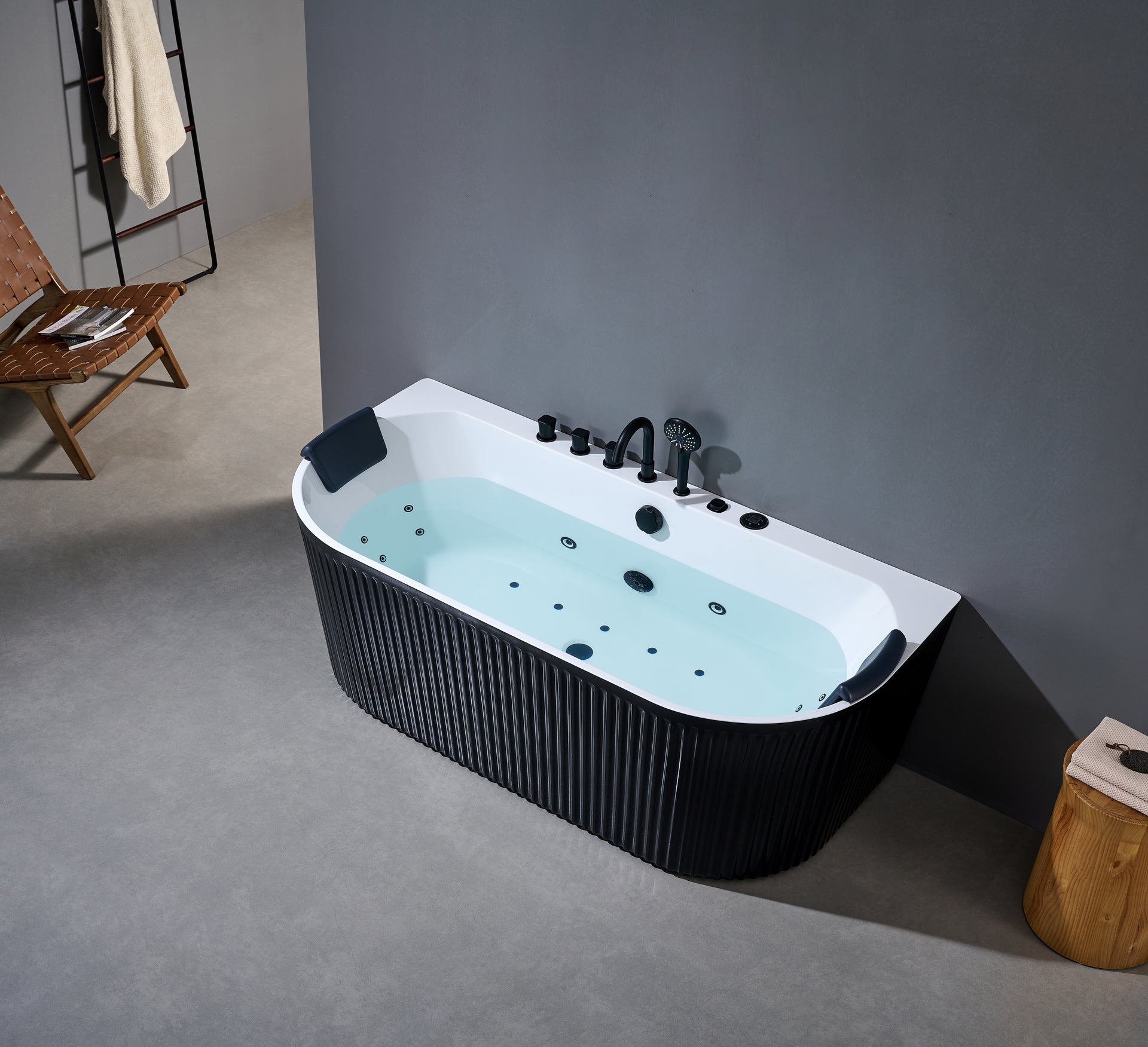 Norkaya Vortic 60×32 Fluted Alcove Whirlpool Bathtub, Hydro-Massage Jets, 1–2 Person, Central Drain