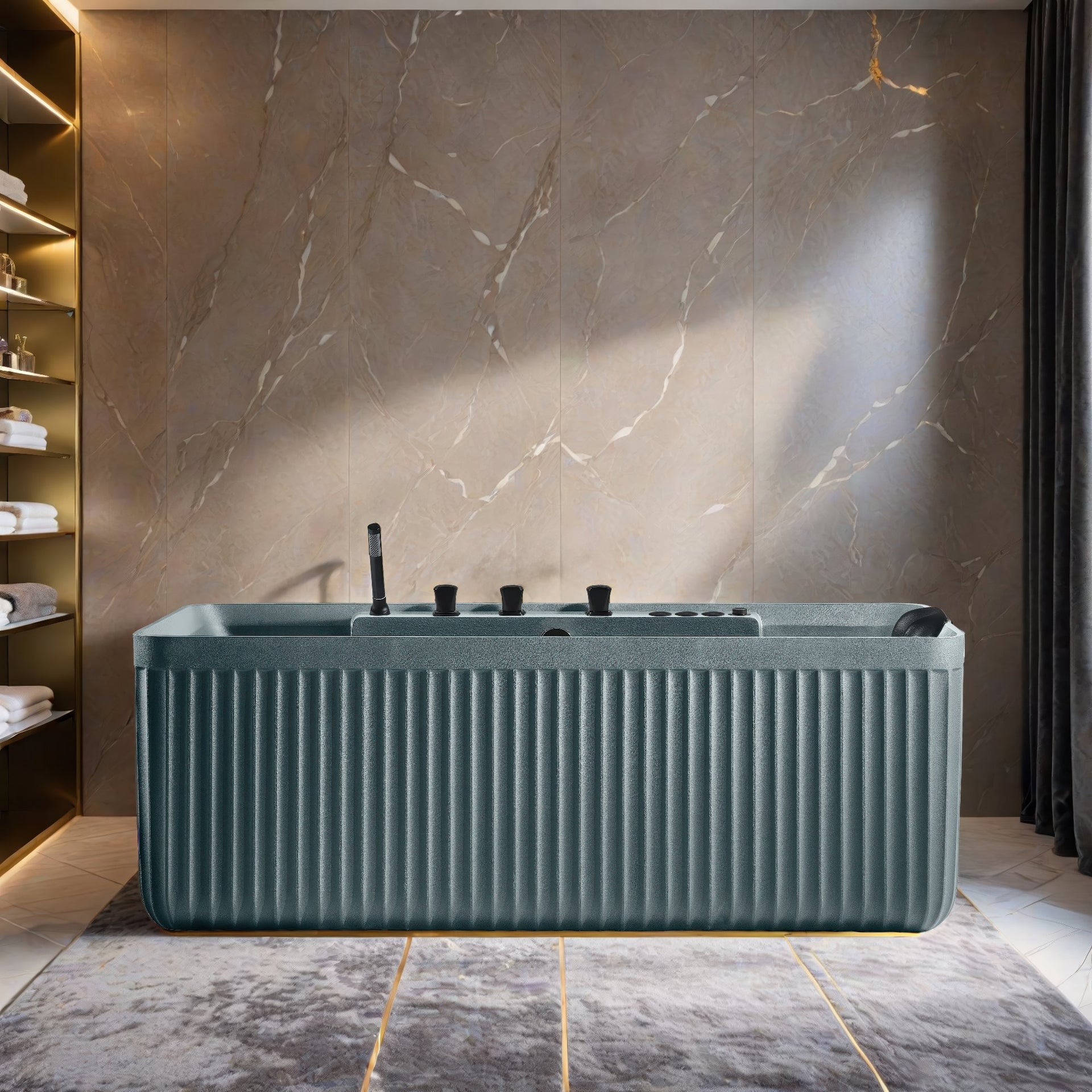 Modern green bathtub in a bathroom with marble wall and shelves.