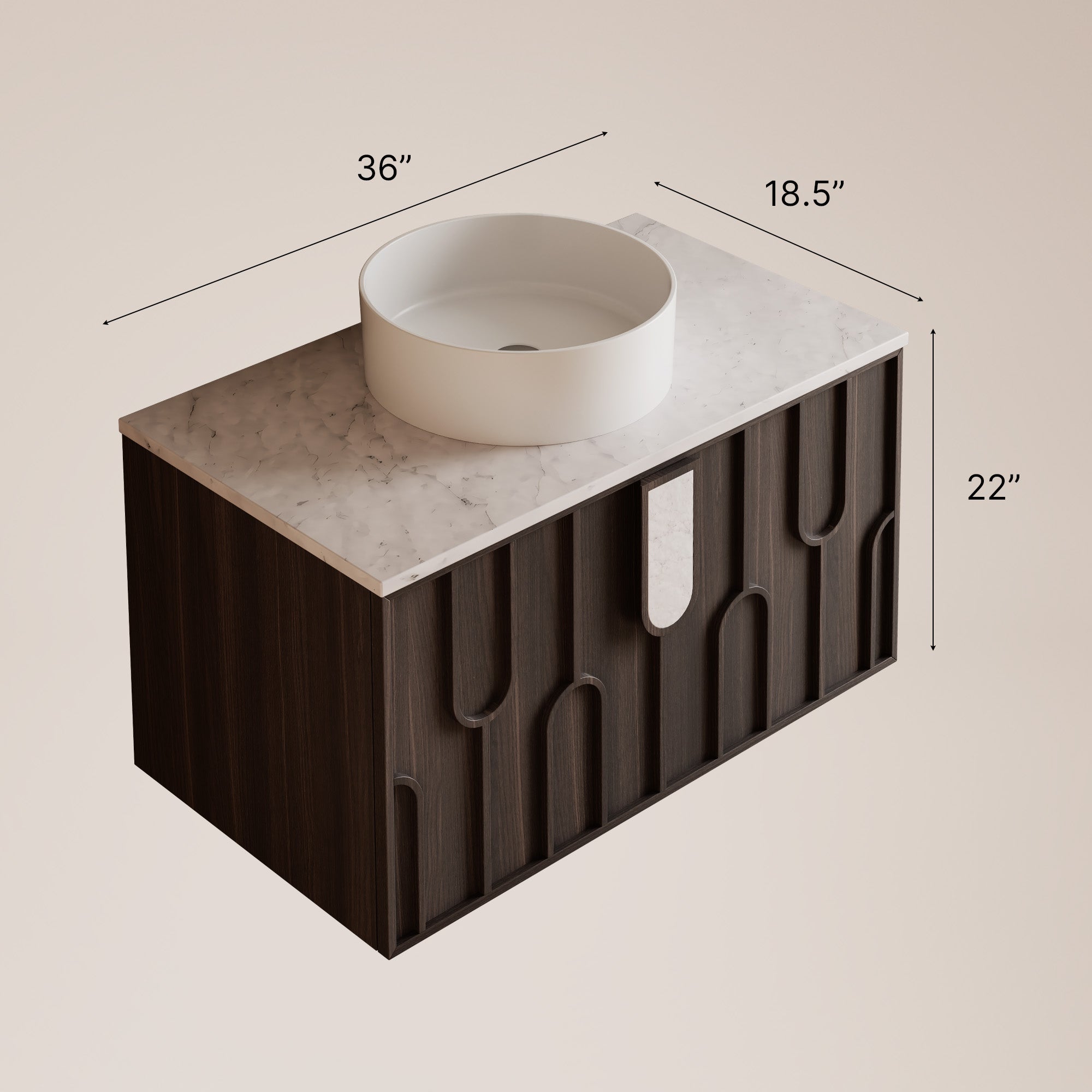Bathroom vanity with dimensions labeled on a beige background